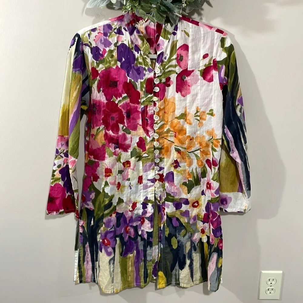 Watercolor Floral Cotton Tunic Beach Coverup M
